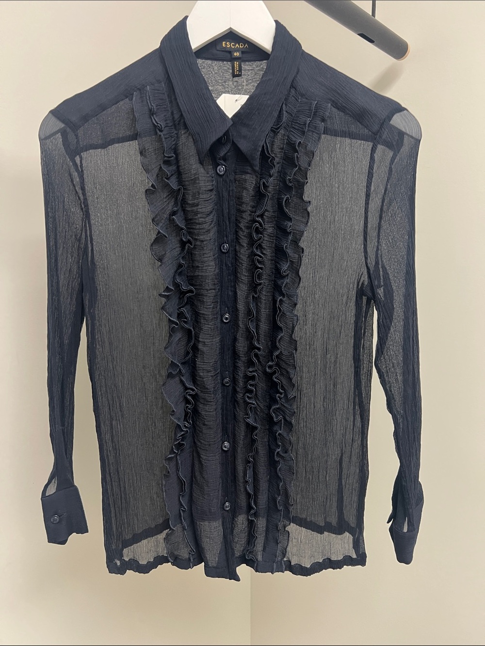 Escada Navy Sheer Ruffle-Front Button Blouse